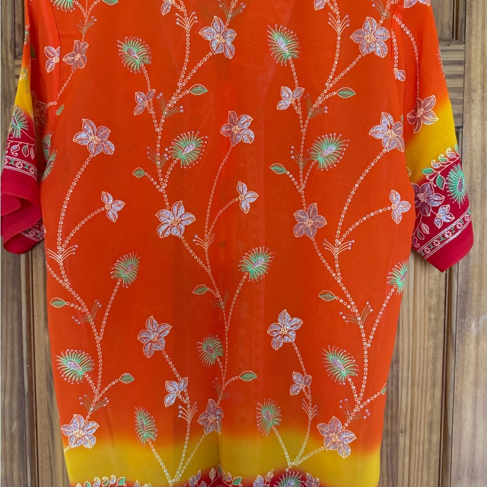 Vibrant orange red floral print mandarin collar - Picture 5 of 9